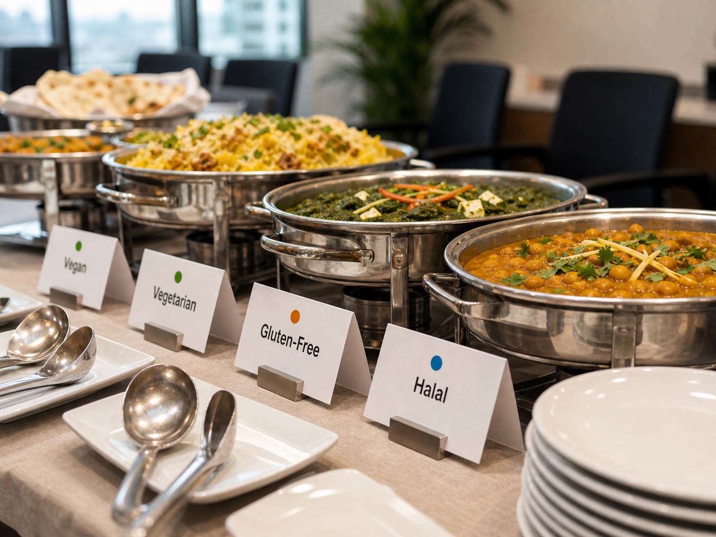 Close-up of labeled Indian catering dishes showing dietary cards for office guests
