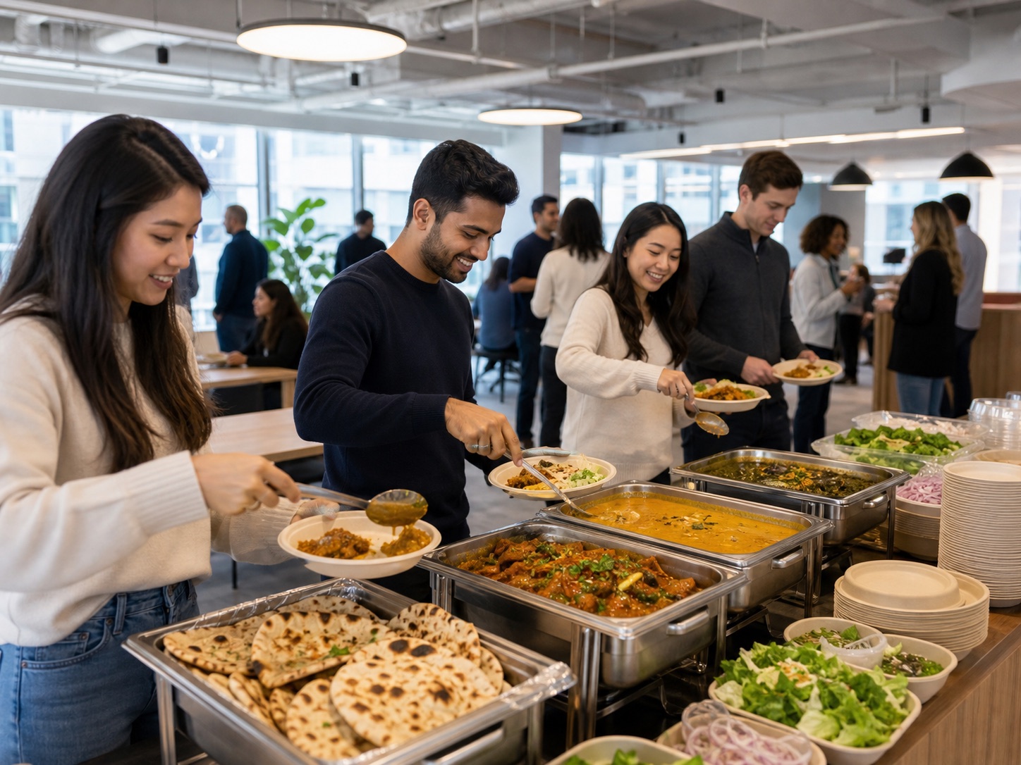 Office employees serving themselves Indian lunch from a catered buffet in a bright break room